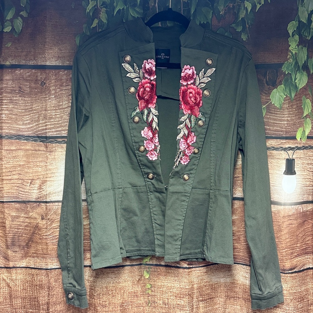 EUC One 5 One Military Style Jacket with Floral Appliqué and Button Cuffs